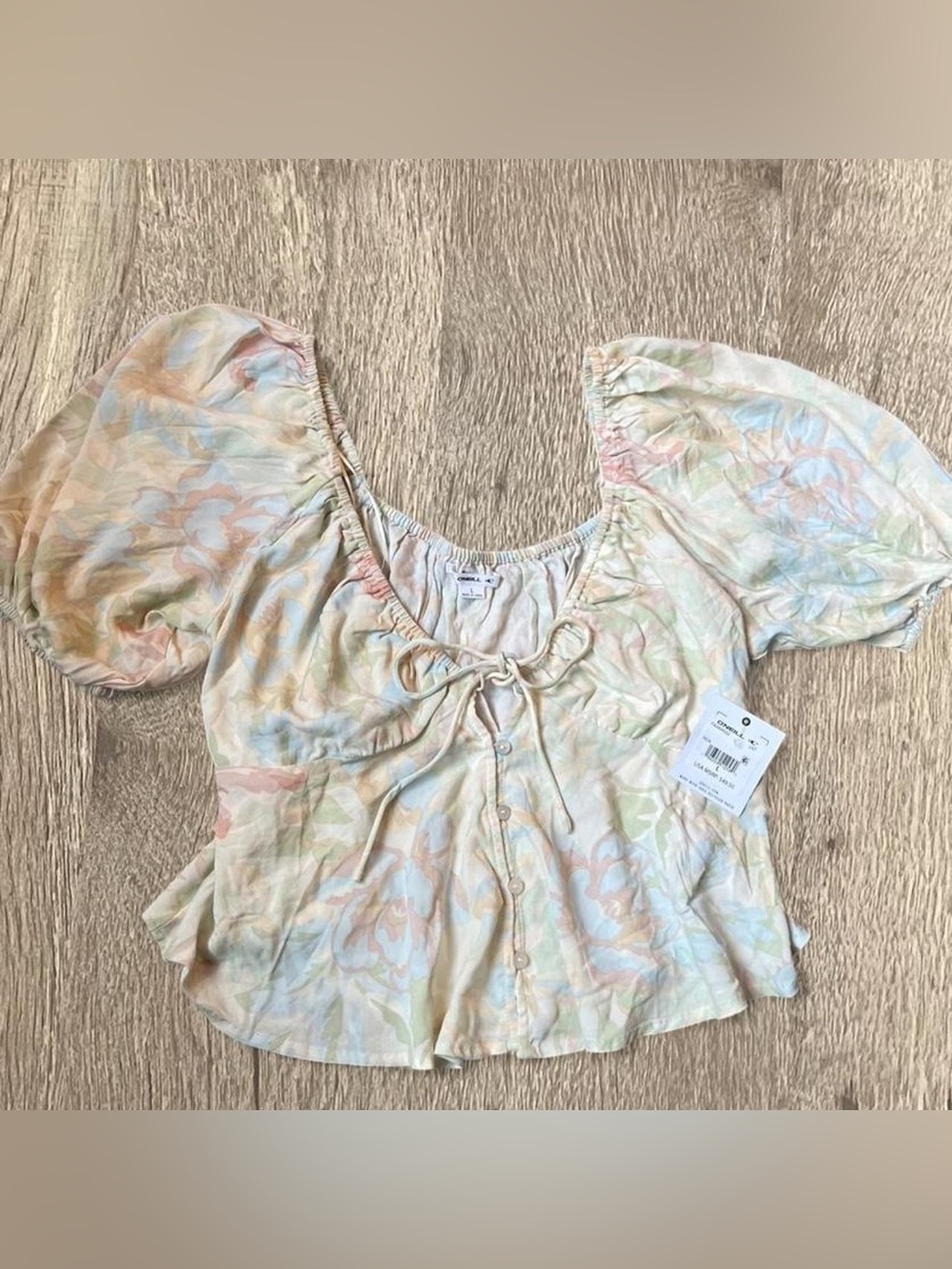 NWT O'Neill Pastel Floral Tie-Front Puff Sleeve Top - Cream/Multi